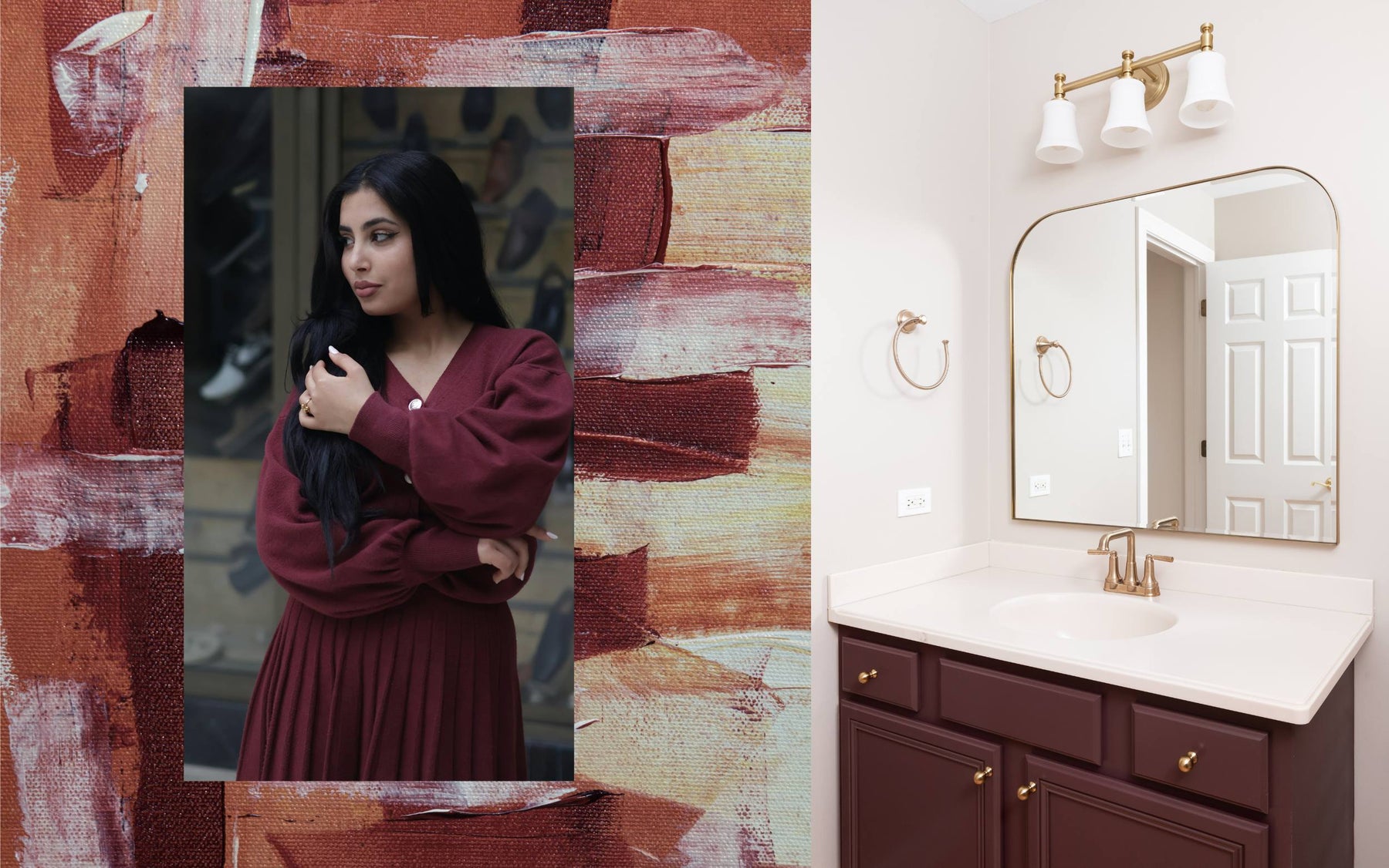 Burgundy color trend collage with fashion and interior design inspiration, showing a woman in a burgundy dress layered over textured burgundy artwork next to a modern bathroom vanity with burgundy cabinets, gold fixtures, and contemporary décor.