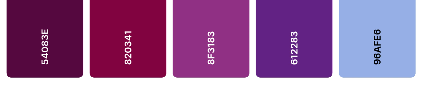 Rich burgundy-to-purple color palette featuring deep plum hex 54083E, vibrant wine 820341, bold magenta 8F3183, royal purple 612283, and soft periwinkle blue 96AFE6, showcasing a dramatic gradient for bold interior, fashion, and graphic design projects.